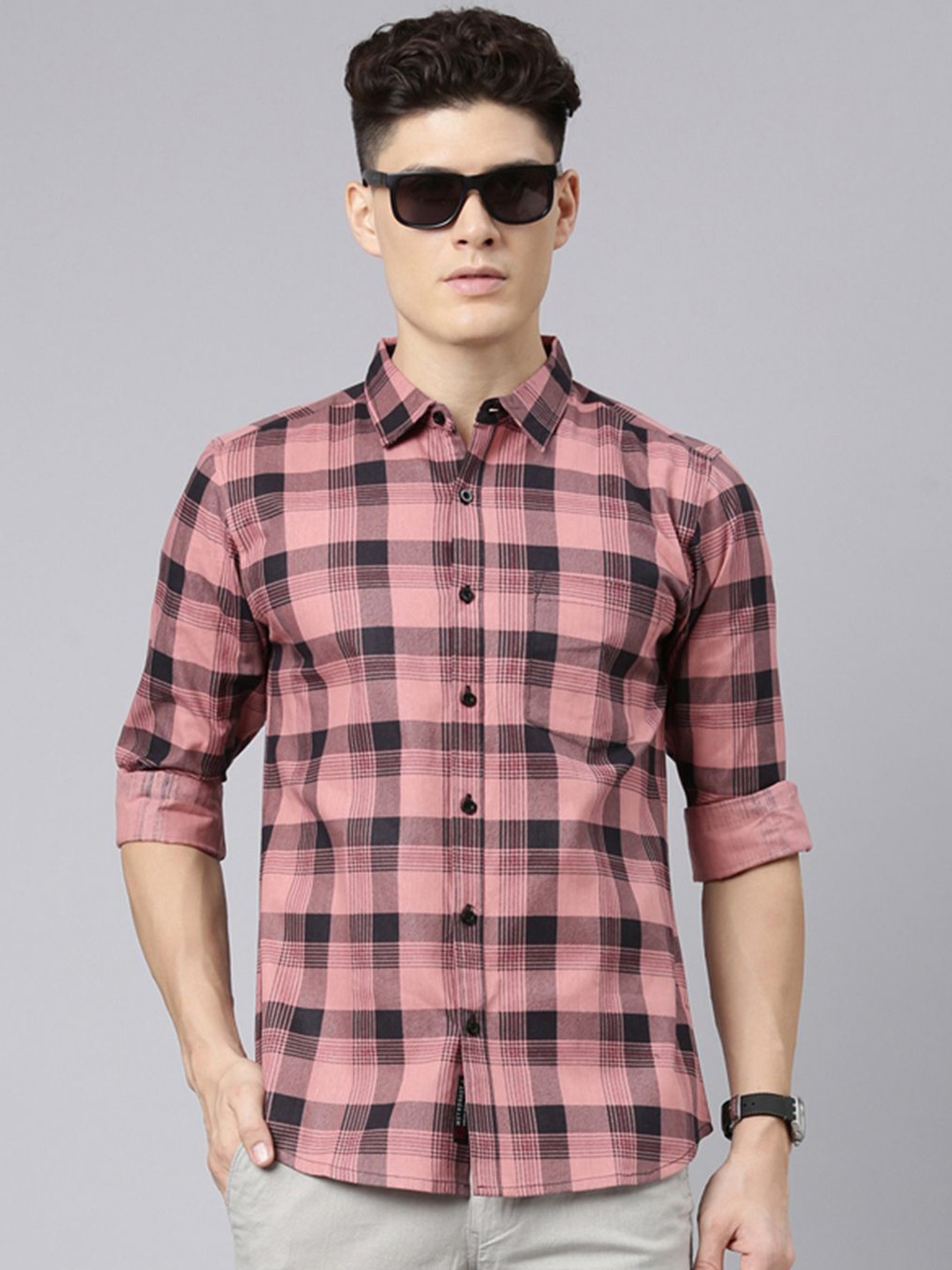 

Metronaut Men Spread Collar Tartan Checked Cotton Casual Shirt, Pink