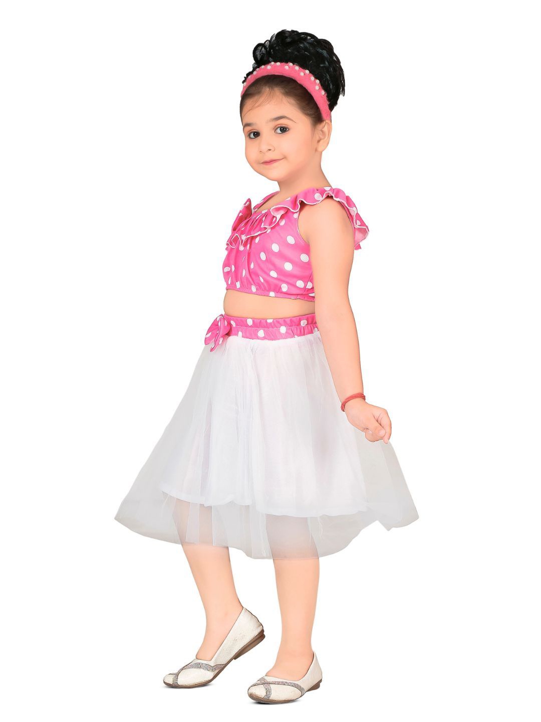 

Fessist Girls Printed Shoulder Straps Top With Skirt, Pink