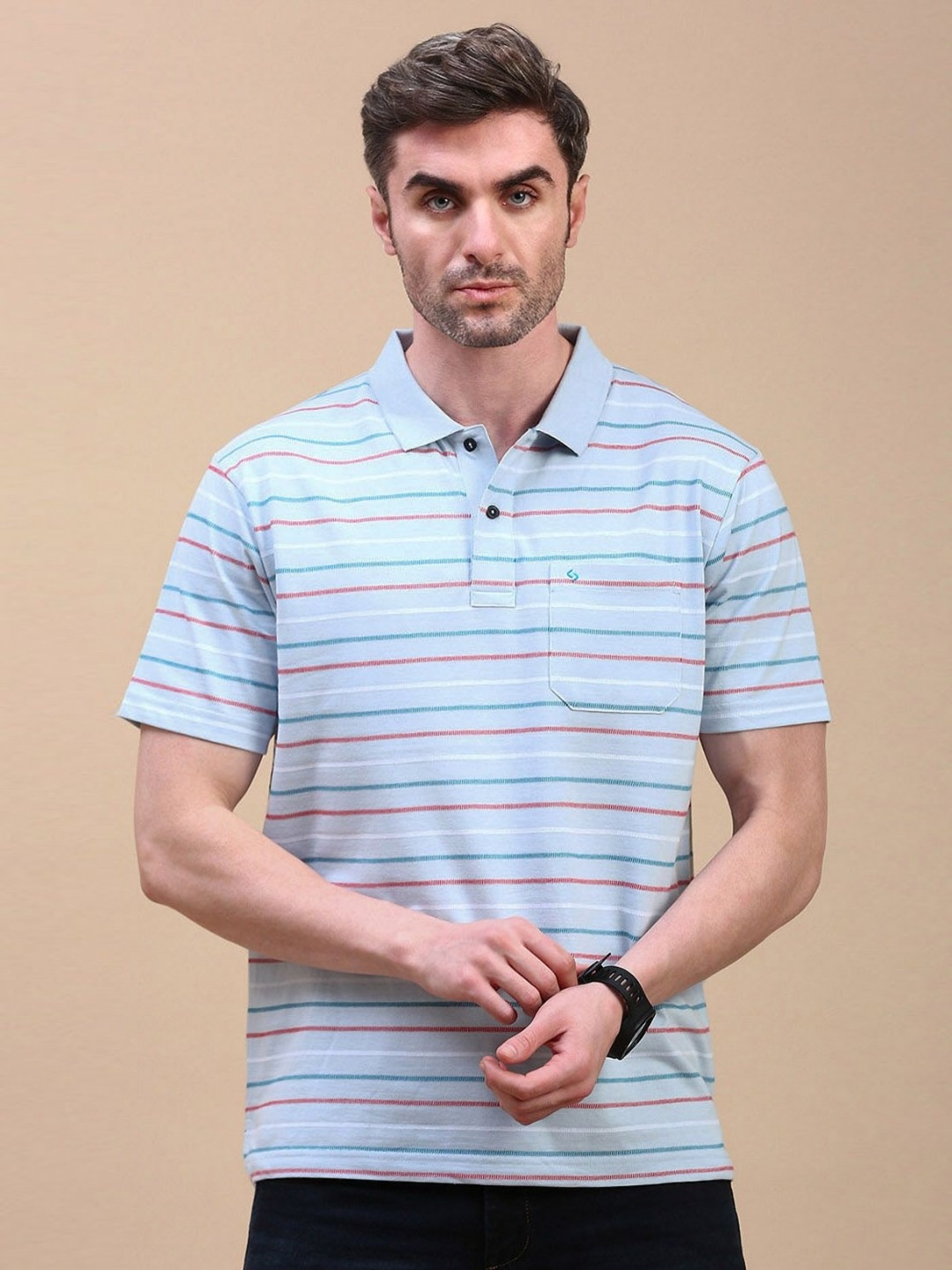 

Classic Polo Men Striped Polo Collar Cotton T-shirt, Blue