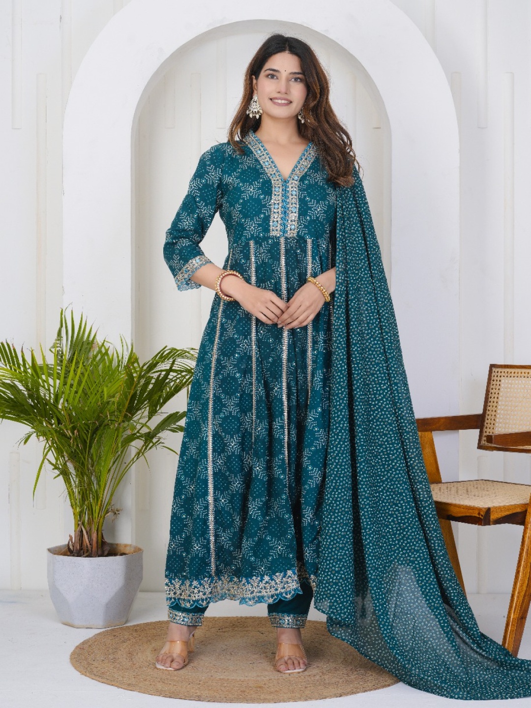 

KALINI Bandhani Printed V-Neck Panelled Anarkali Kurta With Trousers & Dupatta, Green