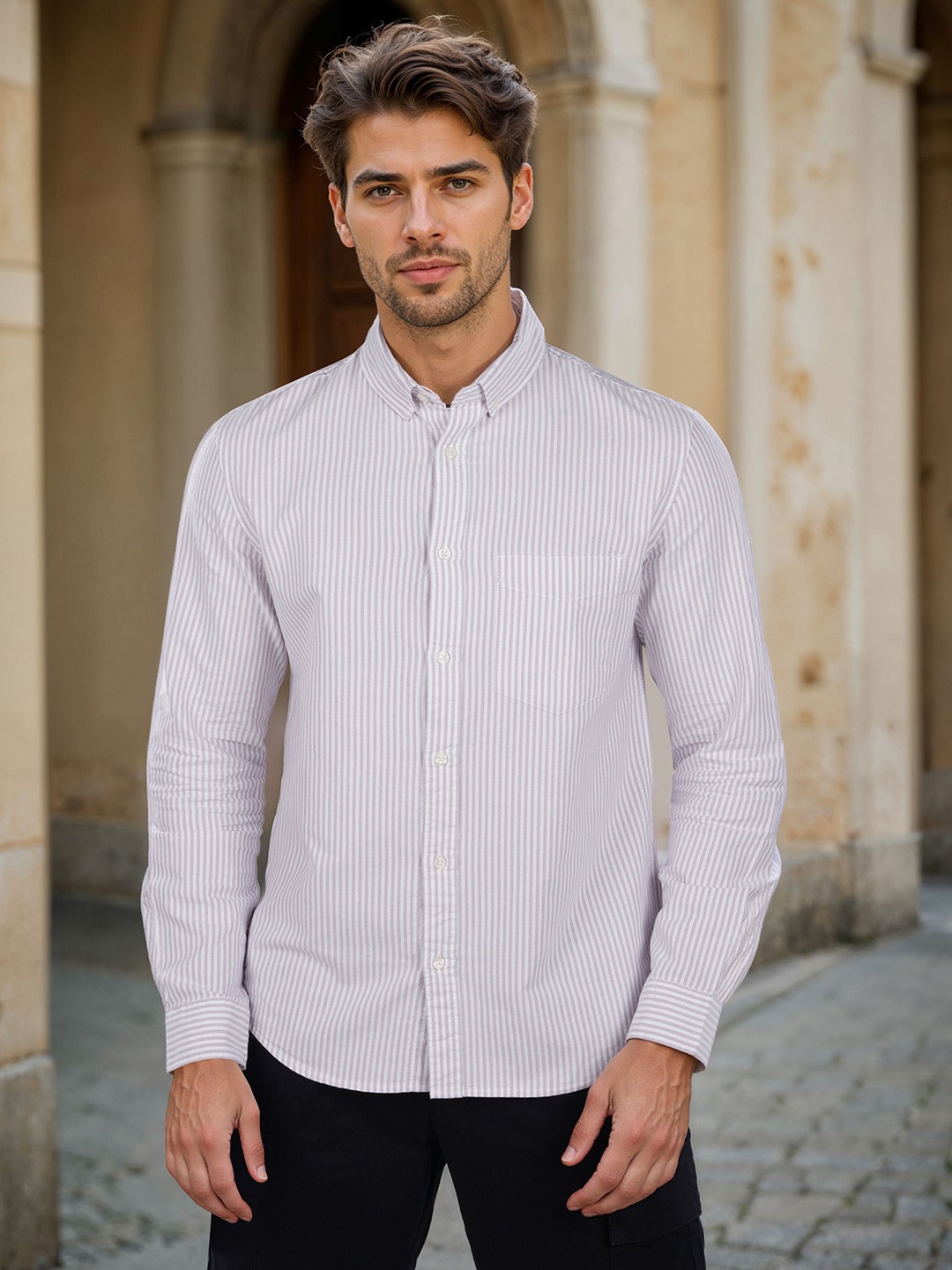 

Celio Men Classic Regular Fit Button-Down Collar Vertical Striped Cotton Casual Shirt, Purple