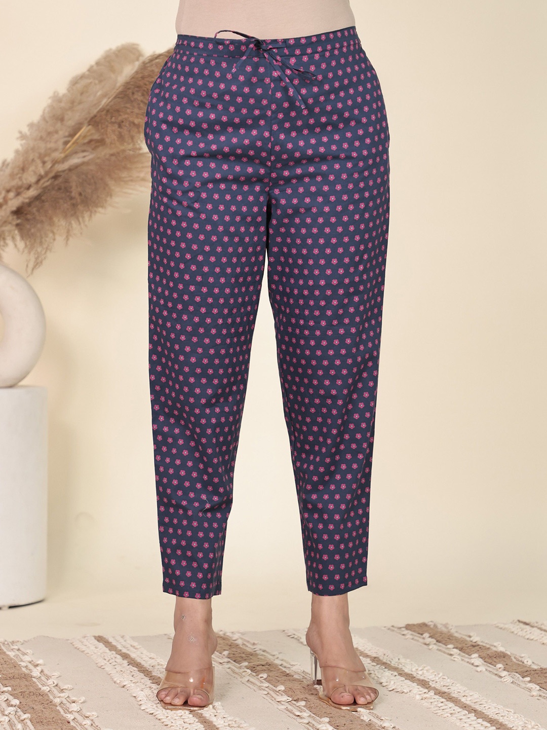

Aramya Women Printed Cotton Mid-Rise Trousers, Blue