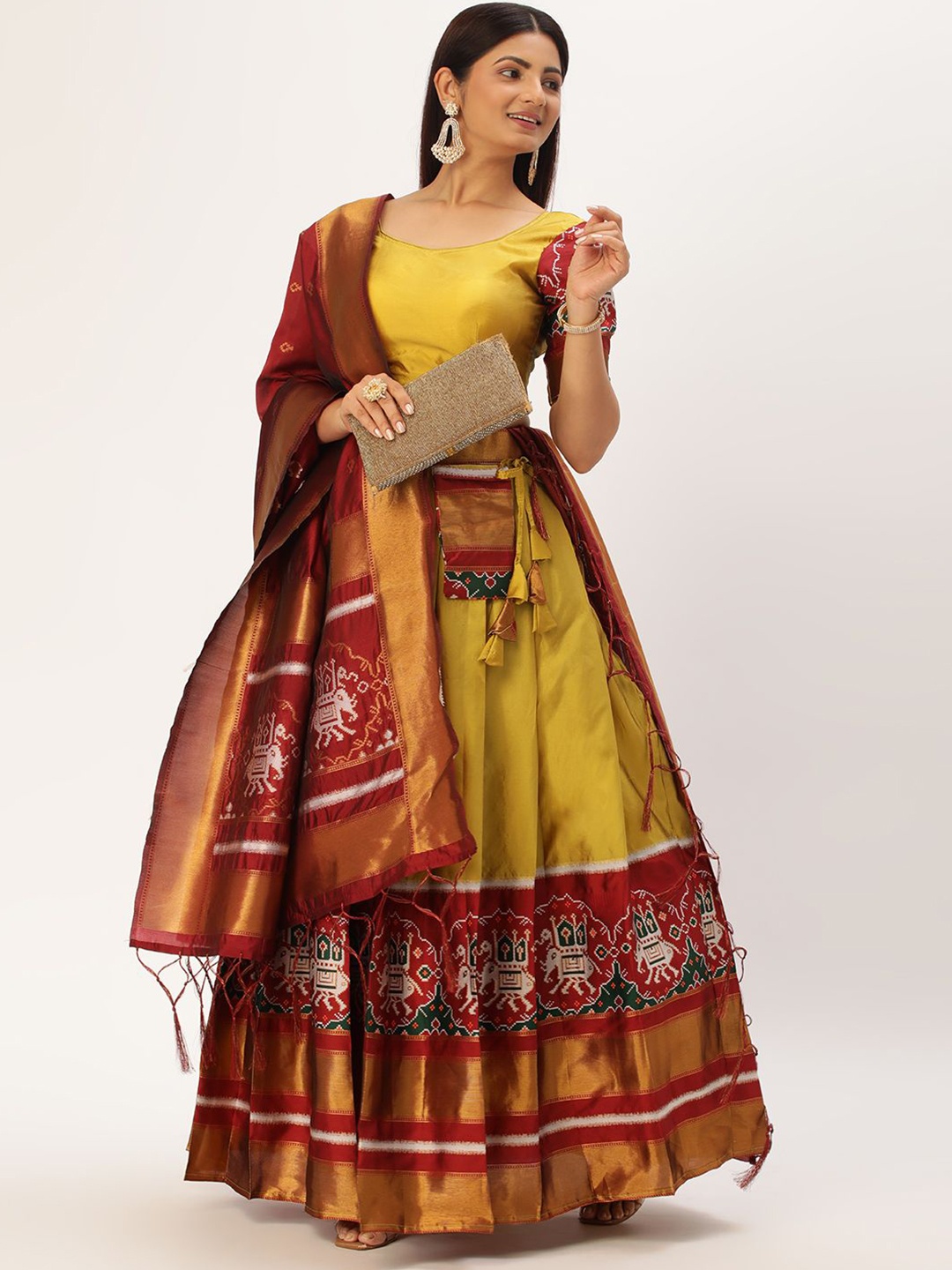 

MAGMINA Woven Design Zari Lichi Silk Unstitched Lehenga With Blouse & Dupatta, Yellow