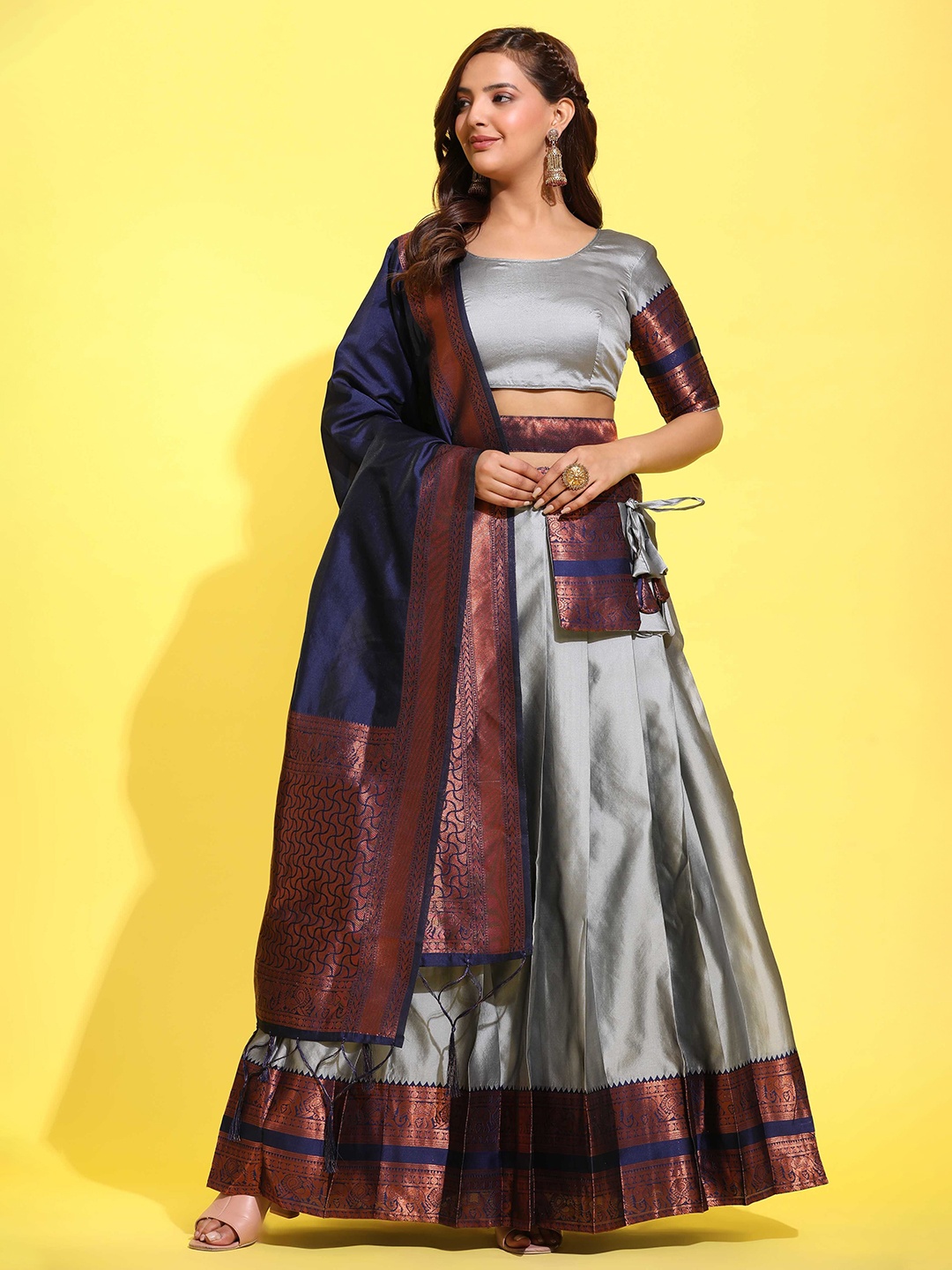 

MAGMINA Woven Design Zari Lichi Silk Unstitched Lehenga With Blouse & Dupatta, Grey