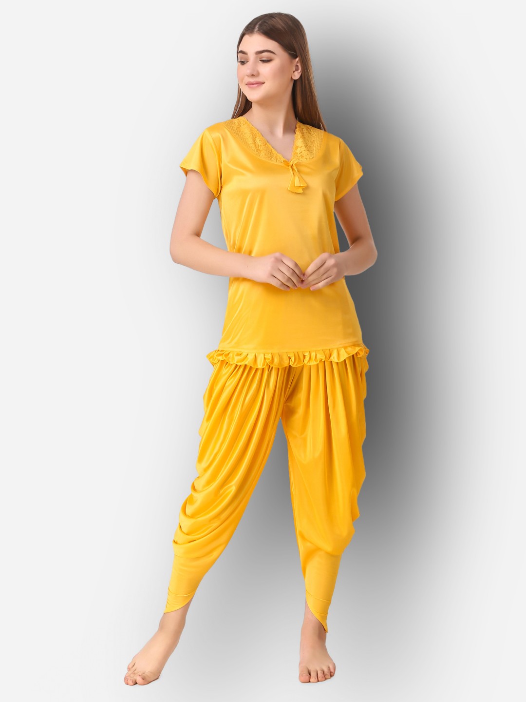 

Dreambe Women V-Neck Short Sleeves Night suit, Yellow