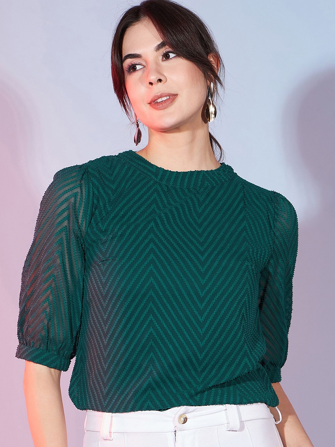 

DressBerry Women Self Design Puff Sleeve Top, Green