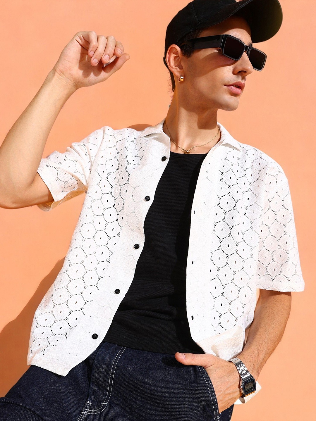

INDICLUB Men Relaxed Fit Cuban Collar Textured Casual Shirt, White