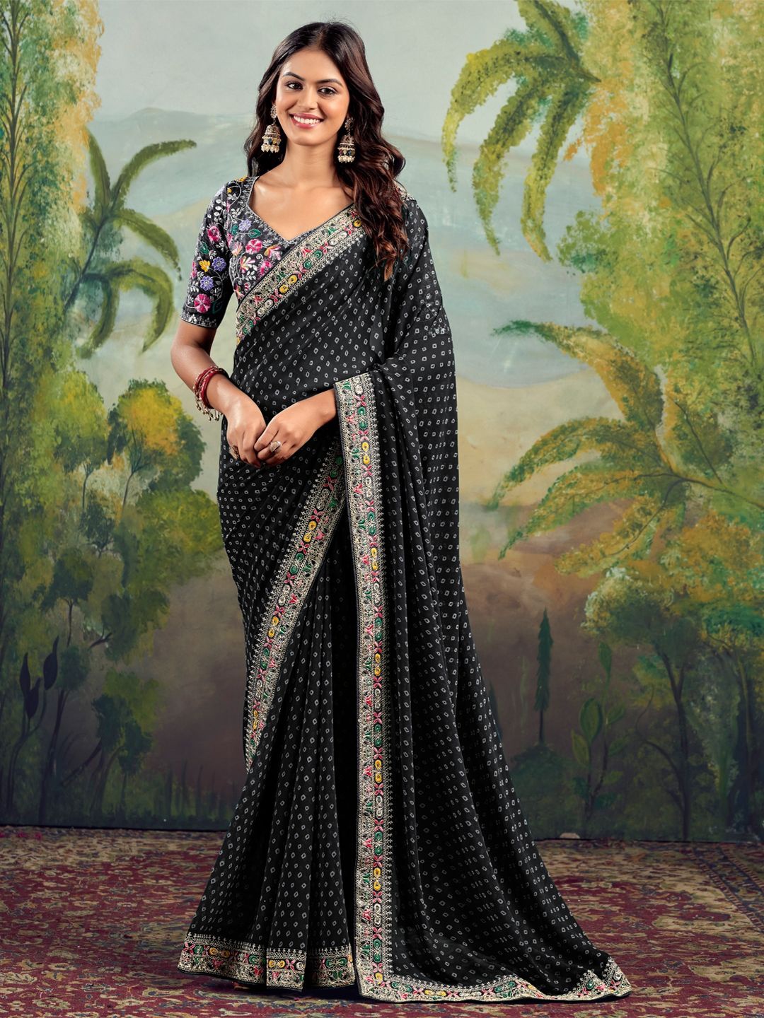 

CHUDIYA Bandhani Embroidered Pure Chiffon Saree, Black