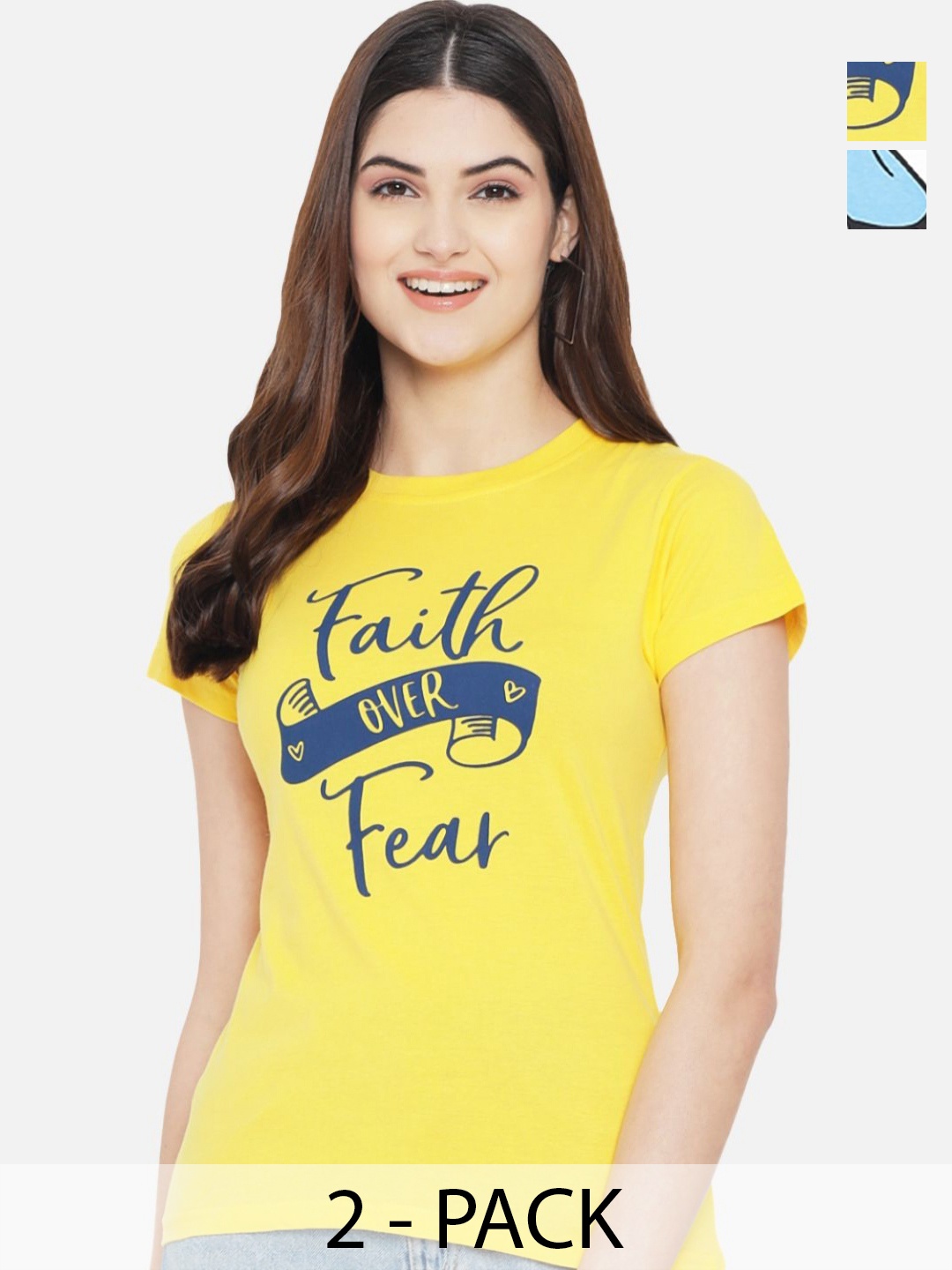 

Dreambe Women Pack Of 2 Donald Duck Graphic Printed Round Neck Cotton T-shirts, Yellow
