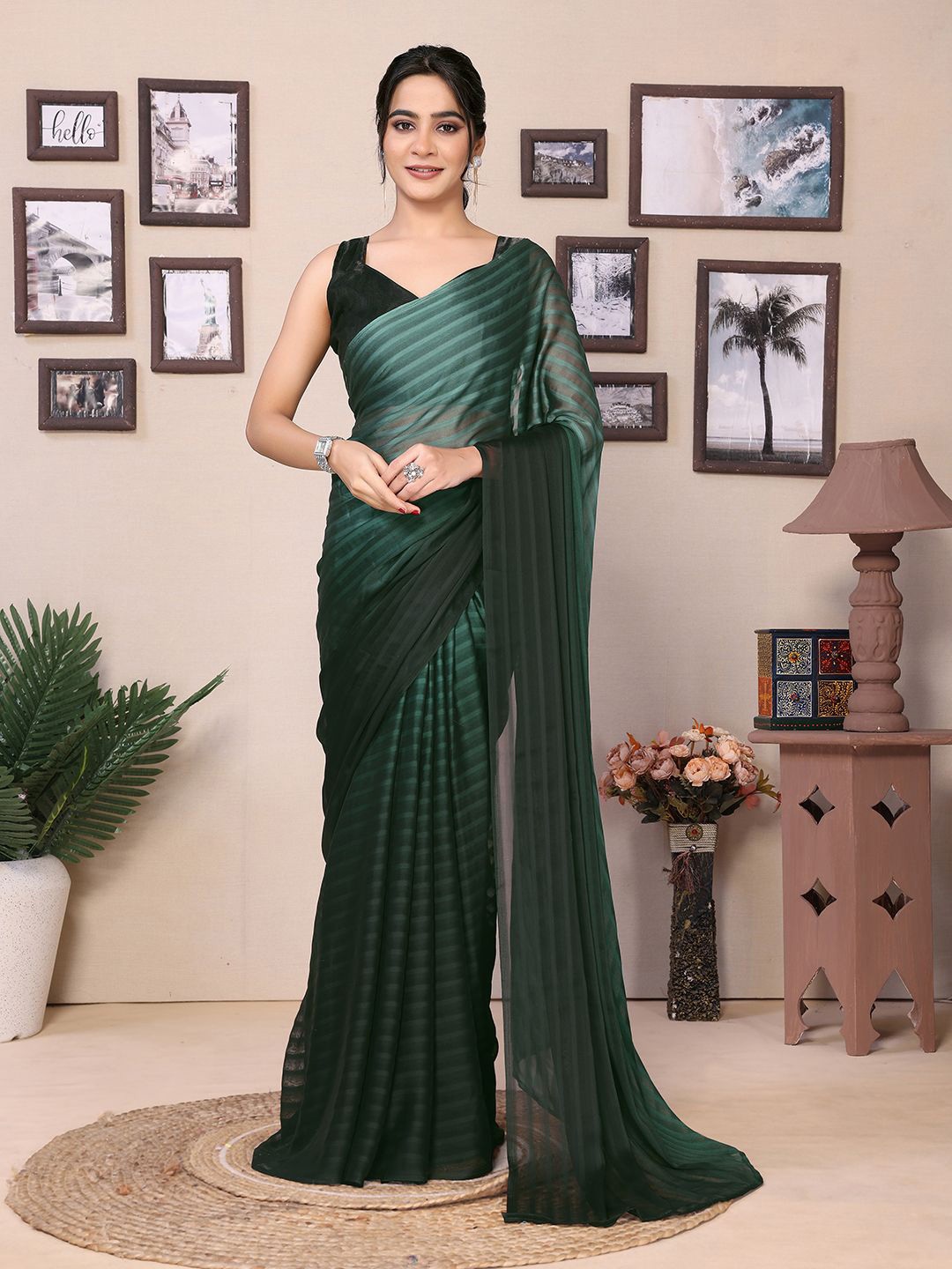

DIVASTRI Striped Ready to Wear Saree, Green