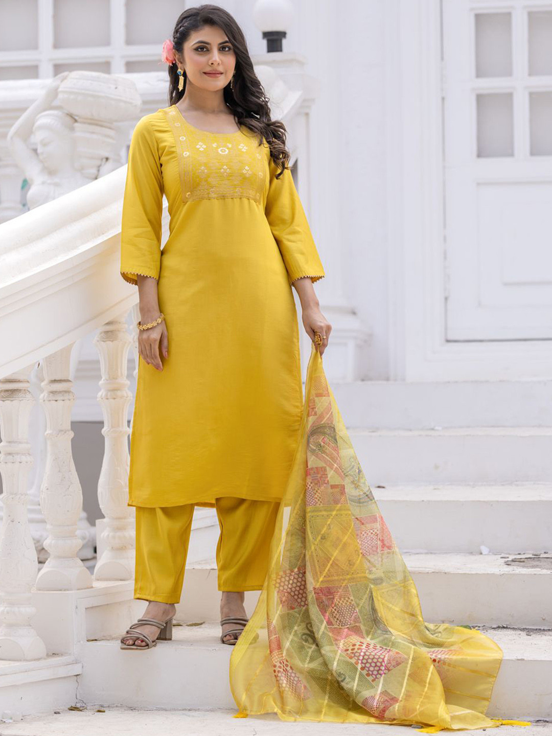 

Ekta Textiles Women Regular Kurta with Pyjamas & With Dupatta, Yellow