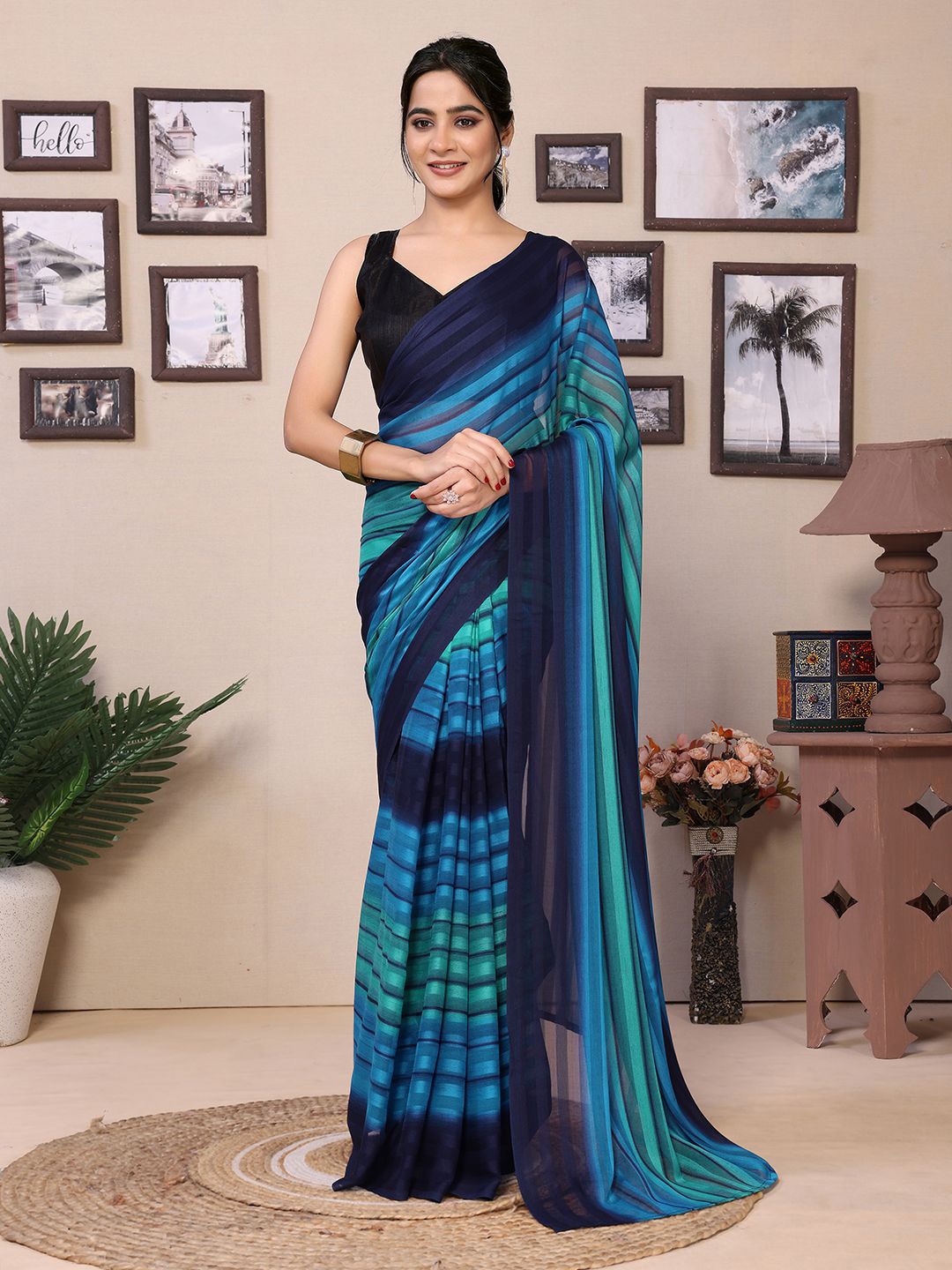 

DIVASTRI Striped Ready to Wear Saree With Blouse Piece, Navy blue