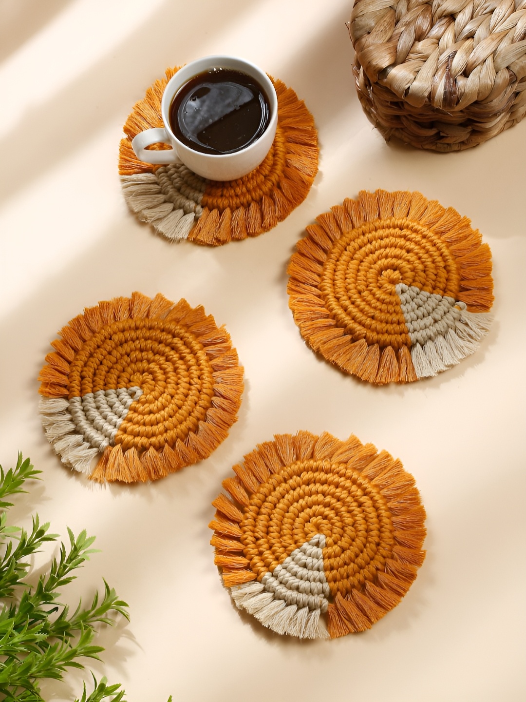 

My Creative Hut 4-Pcs Mustard & Beige Textured RoundCoasters
