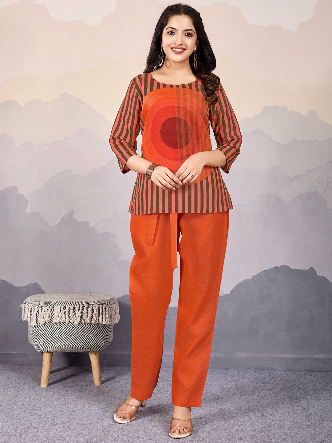 

MOJILAA Striped Round Neck Tunic With Trousers, Orange