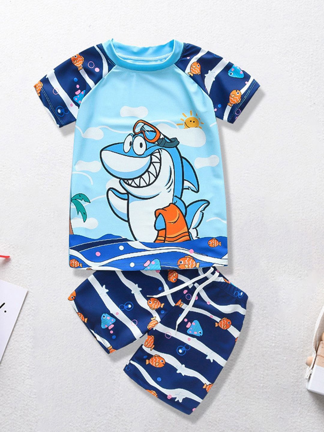 

YK Girls Printed Short Sleeves Swim Set, Blue