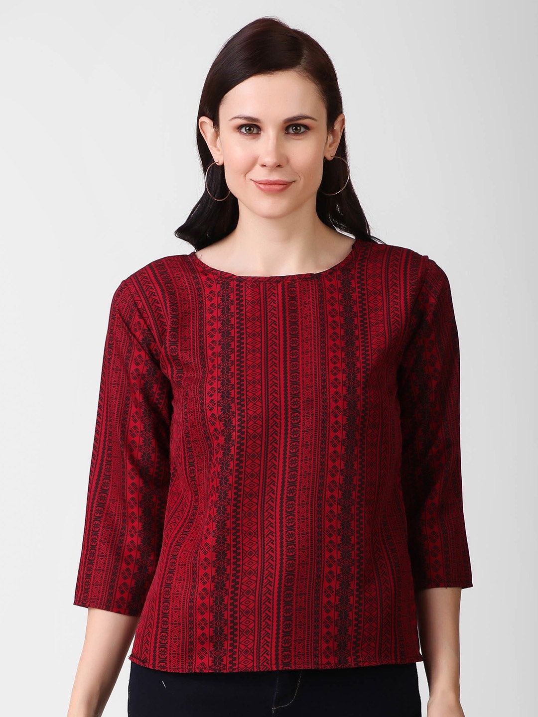 

KASHIAN Women Printed Round Neck Top, Maroon