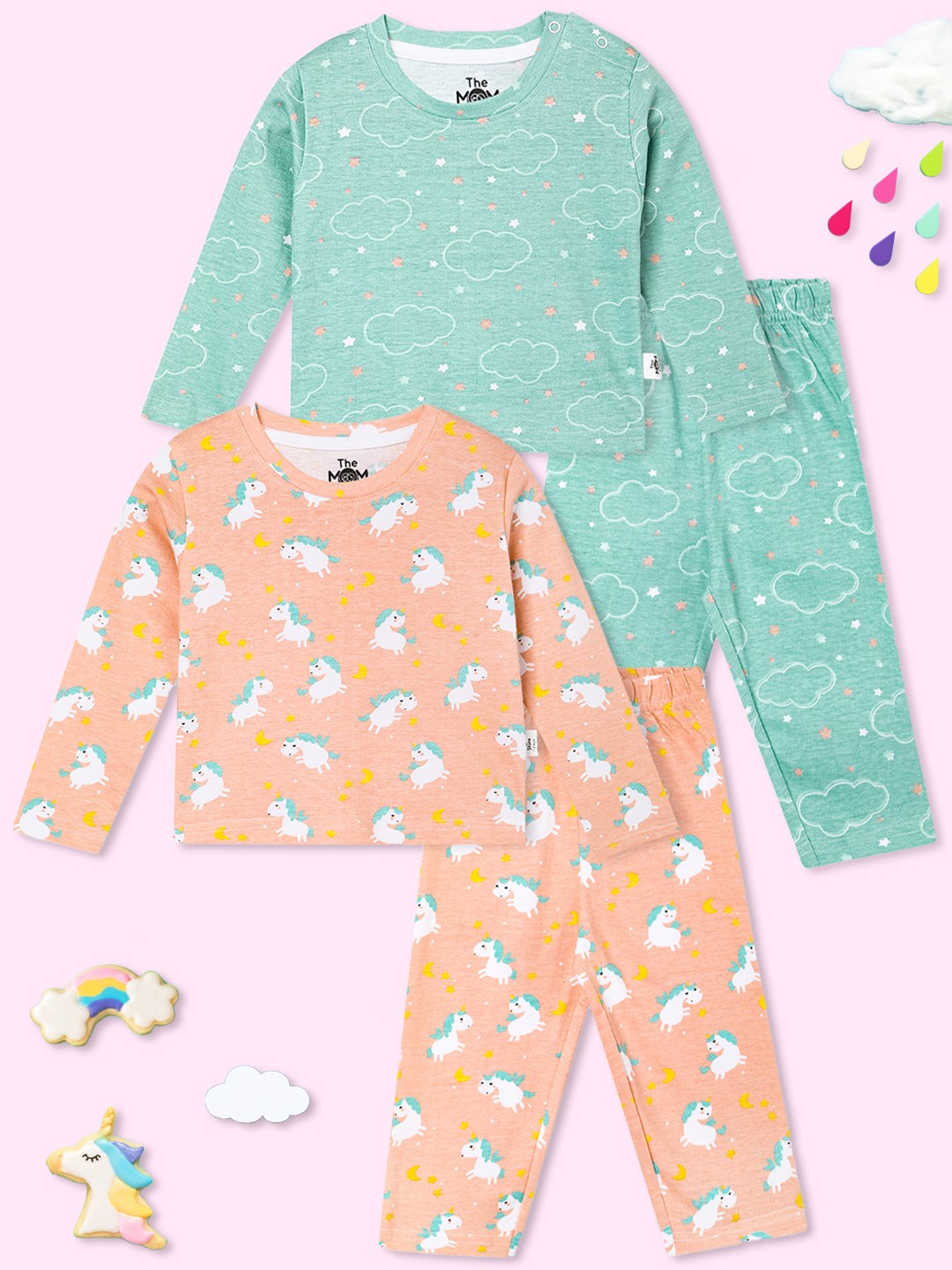 

The Mom Store Kids Combo of 2 Printed Pure Cotton Night suit, Orange
