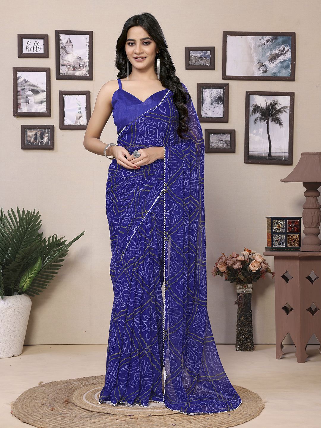 

DIVASTRI Bandhani Embroidered Poly Georgette Ready to Wear Saree, Blue