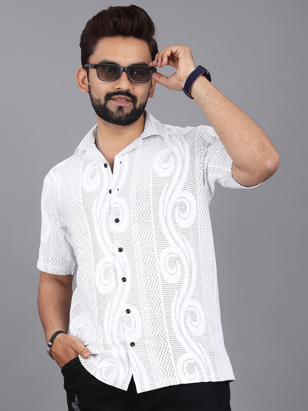 

INDICLUB Men Relaxed Fit Cuban Collar Textured Casual Shirt, White