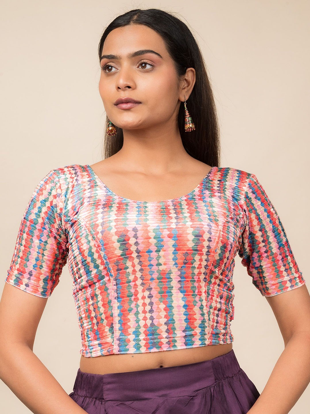 

Bindigasm's Advi Printed Velvet Zari Stripes Stretchable Slip On Saree Blouse, Red