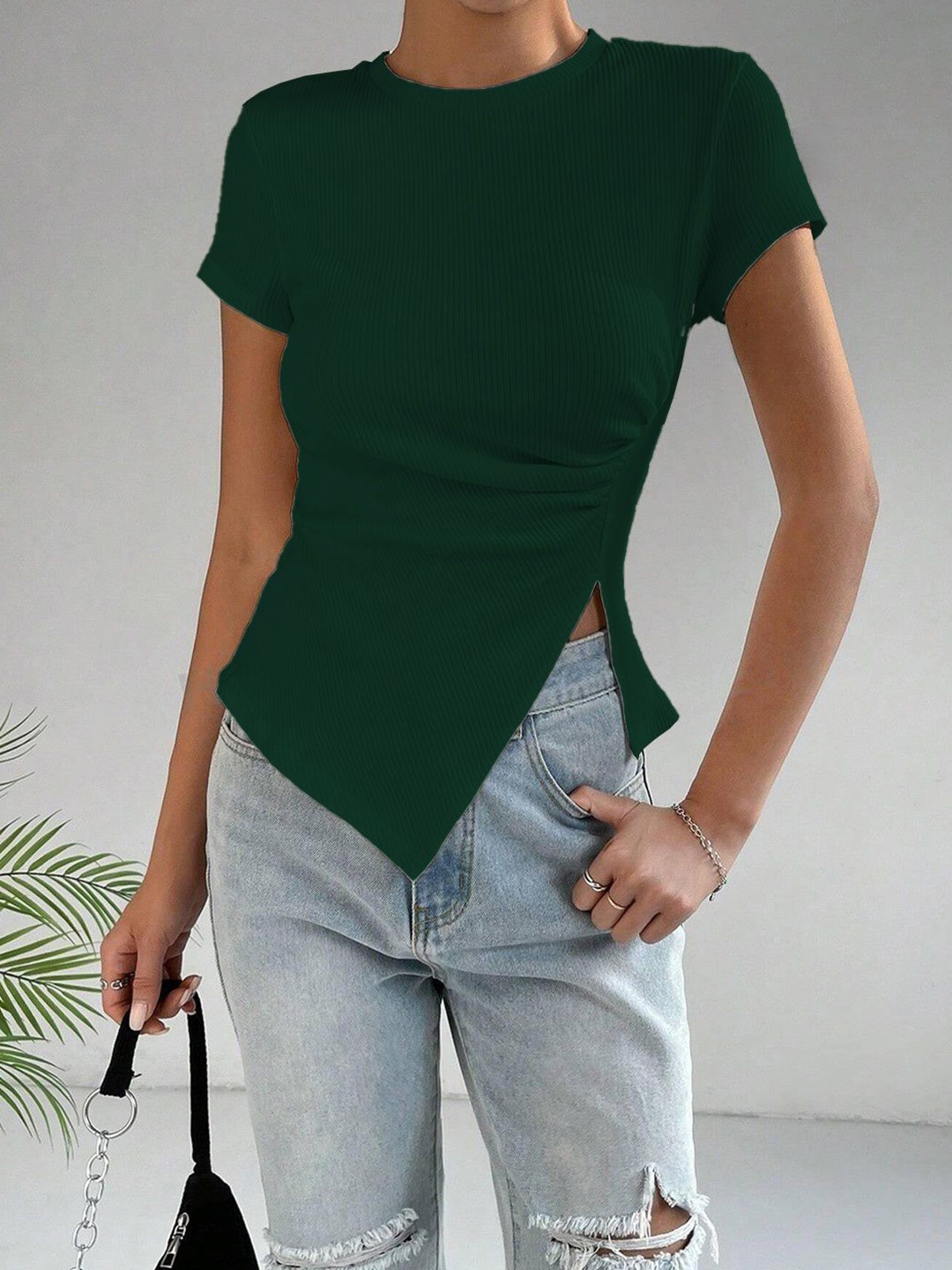 

Moda Rapido Women Short Sleeves Ribbed Cut Out Top, Green