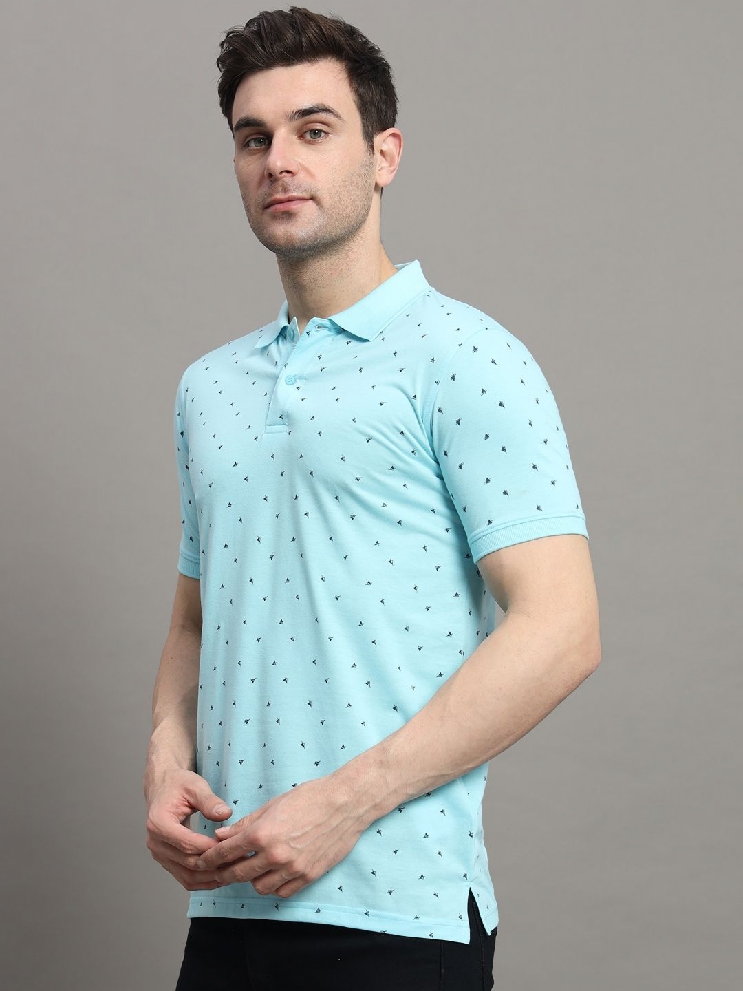 

MERRIMENT Men Geometric Printed Polo Collar Cotton T-shirt, Turquoise blue