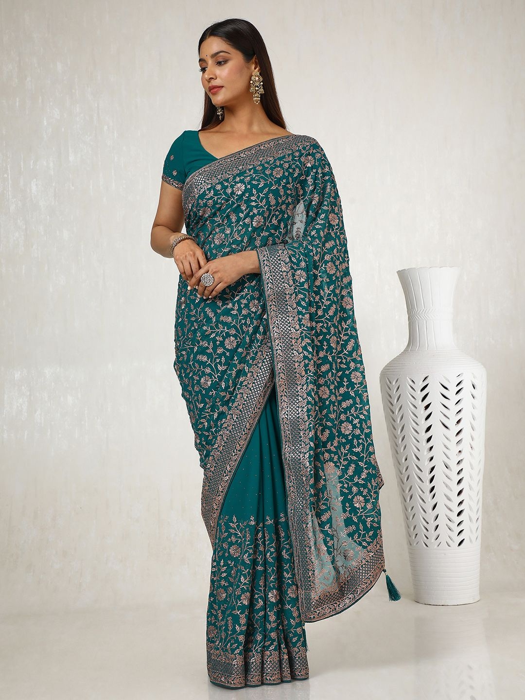 

Soch Floral Embroidered Beads and Stones Pure Georgette Saree, Teal