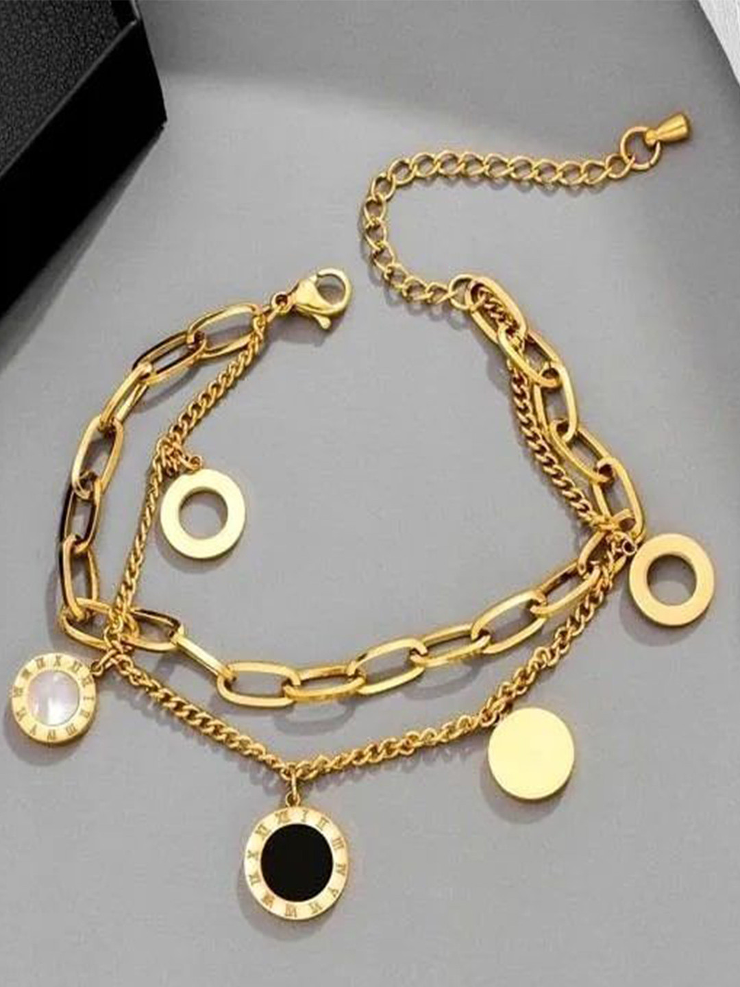 

Zabby Allen Roman Stainless Steel Gold-Plated Stone Studded Bracelet With Charms