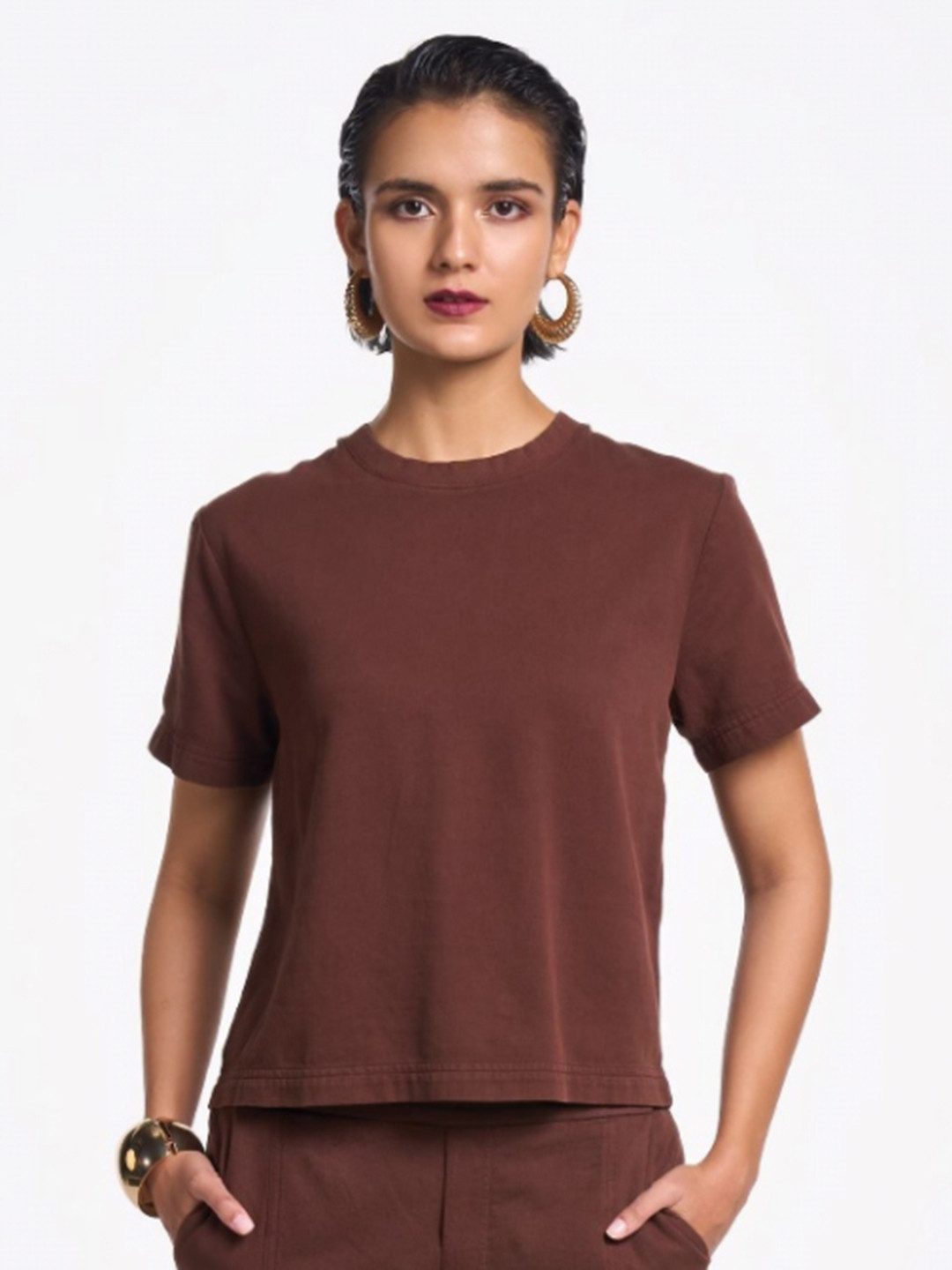

Terra Luna Women Solid Round Neck Cotton Relaxed Fit T-shirt, Maroon