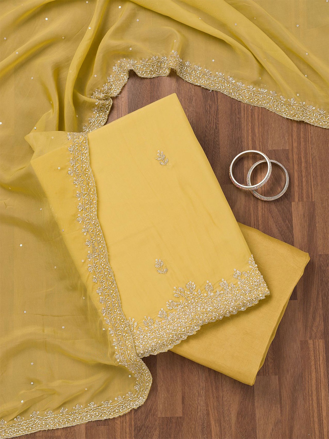 

Koskii Floral Embroidered Stonework Tissue Unstitched Salwar Suit, Yellow