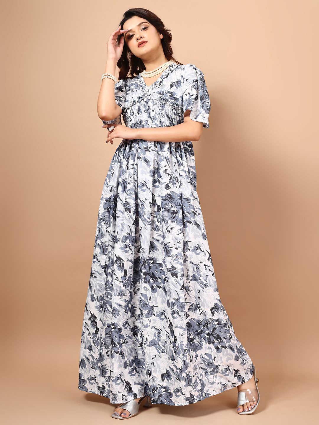 

CORSICA Floral Print Bell Sleeve A-Line Maxi Dress, Grey