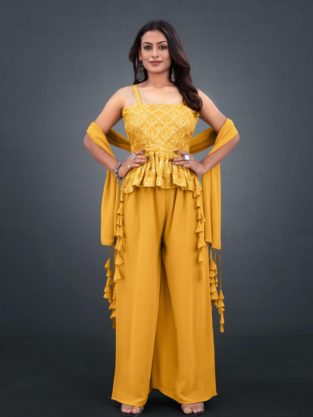 

SANCIA Embroidered Sequins Top With Palazzos And Dupatta, Yellow