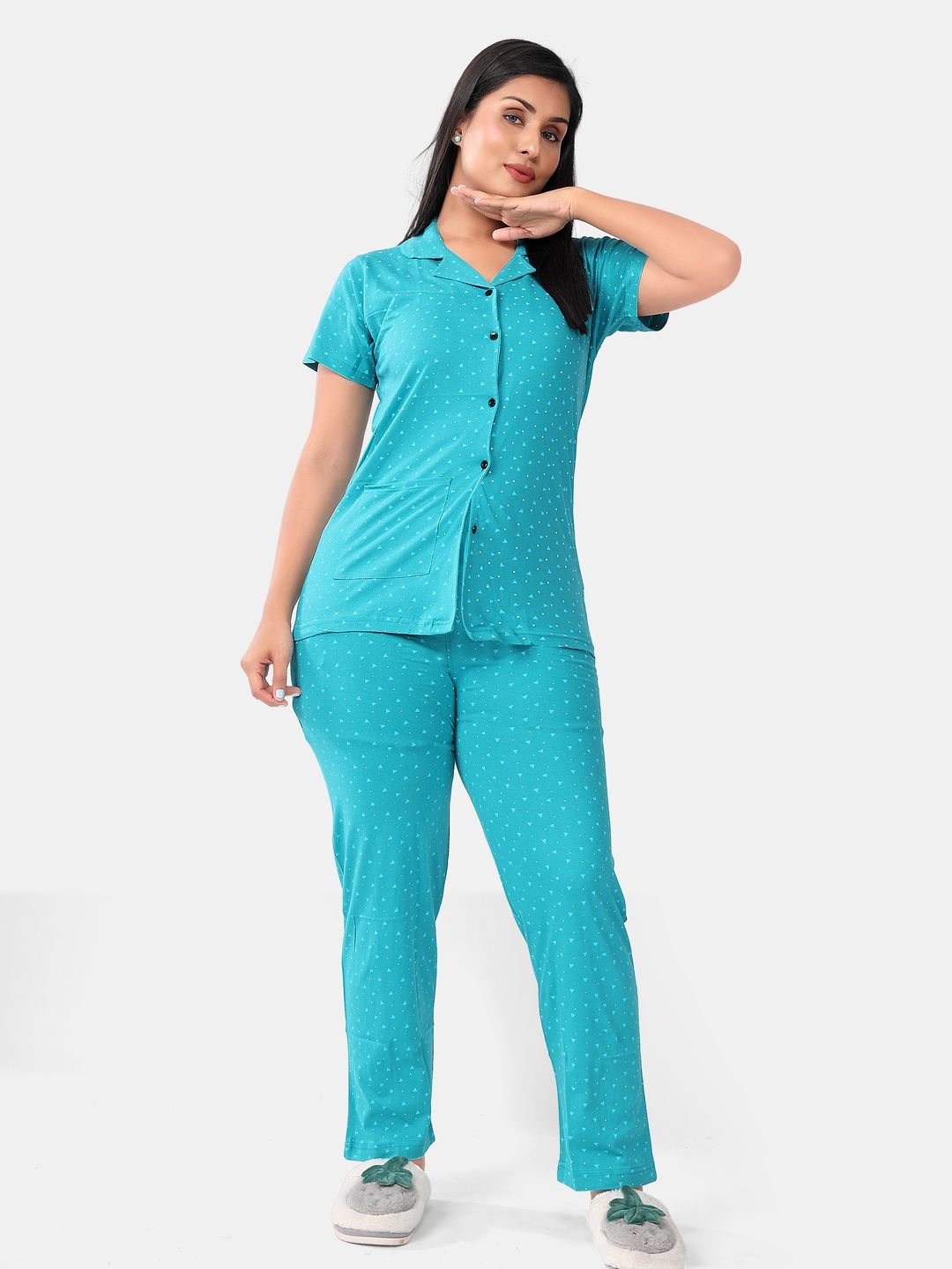 

SWEET MOON Printed Shirt With Pyjama Night suit, Turquoise blue