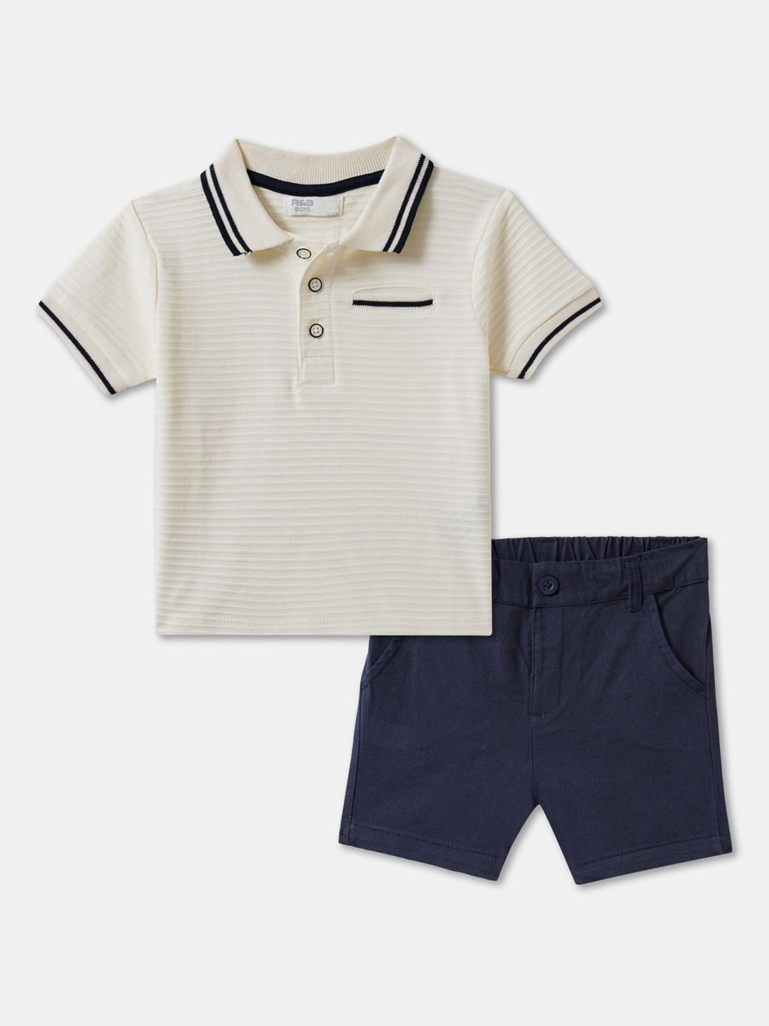 

R&B Boys Striped Shirt Collar Pure Cotton T-shirt With Shorts, White
