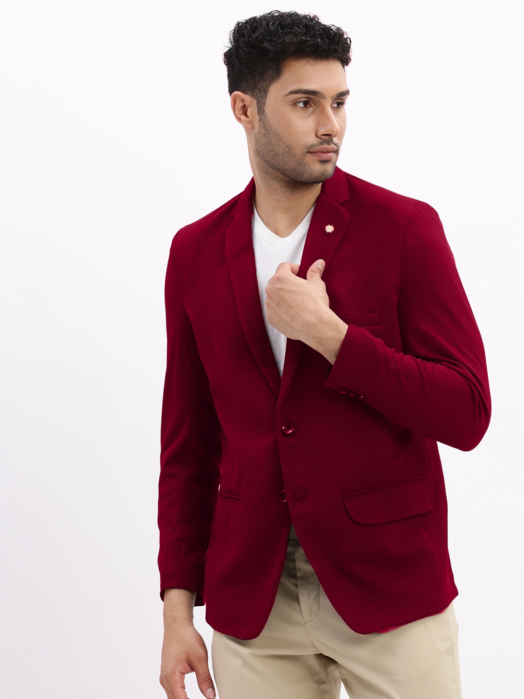 

SHOWOFF Notched Lapel Collar Slim-Fit Cotton Single Breasted Formal Blazer, Burgundy
