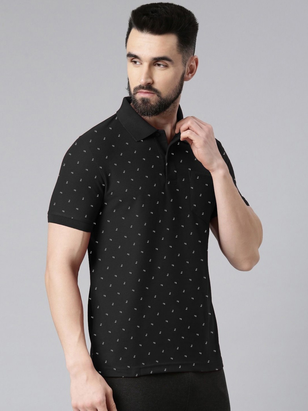 

MERRIMENT Men Geometric Printed Polo Collar Cotton T-shirt, Black