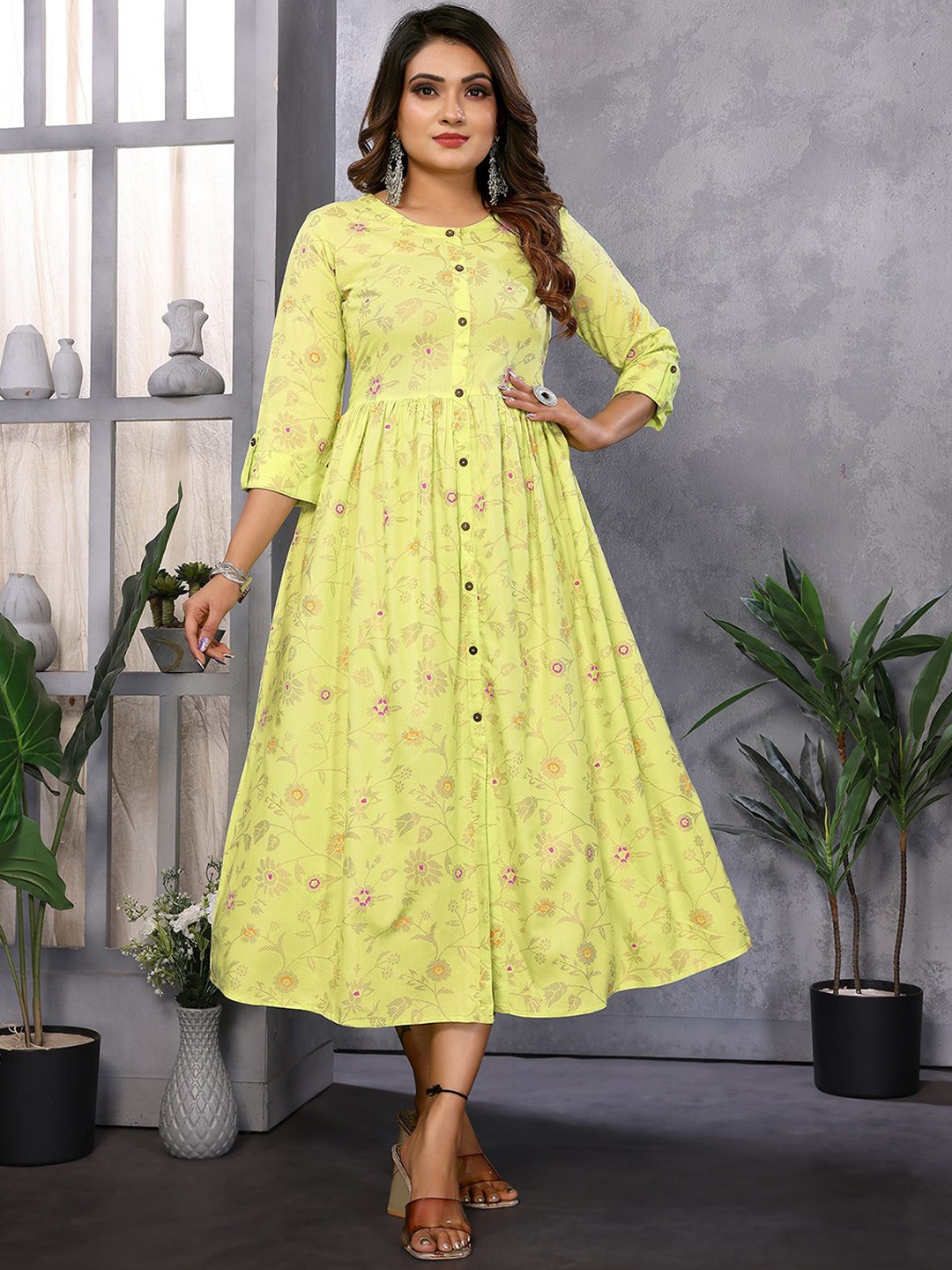 

Rangita Women Floral Printed Ethnic Dresses, Lime green