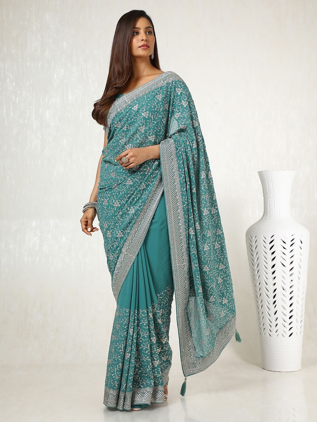 

Soch Floral Beads and Stones Pure Georgette Saree, Green