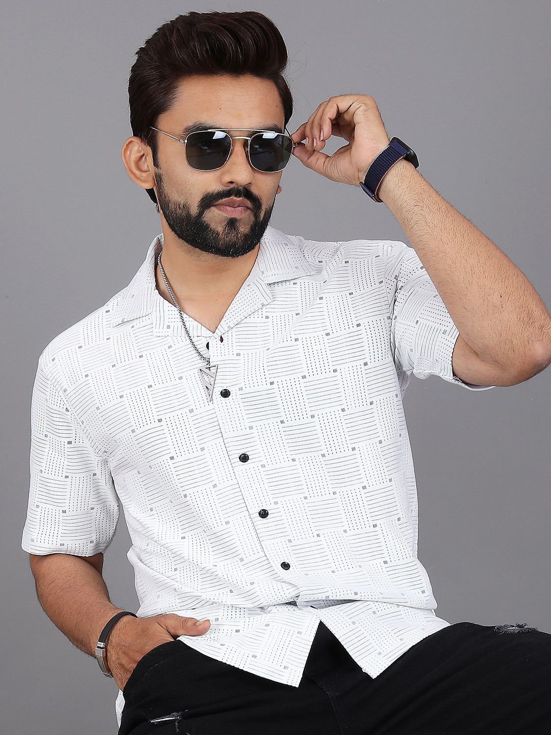 

INDICLUB Men Relaxed Fit Cuban Collar Textured Casual Shirt, White