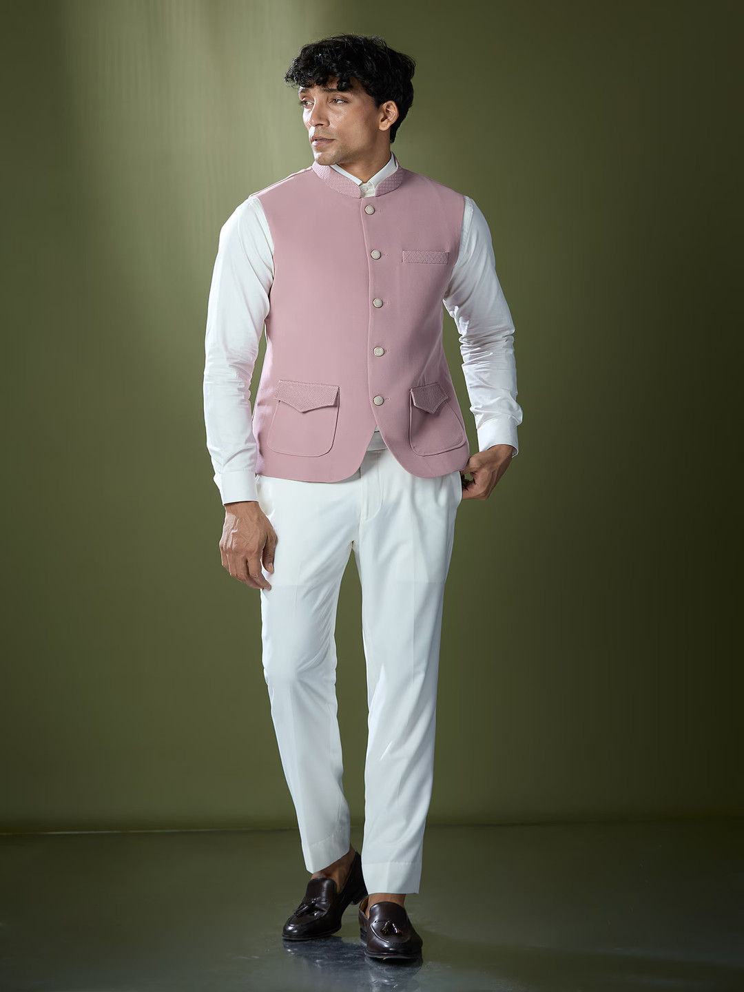 

RNG Safawala Mandarin Collar Shirt With Trousers And Jacket, Pink
