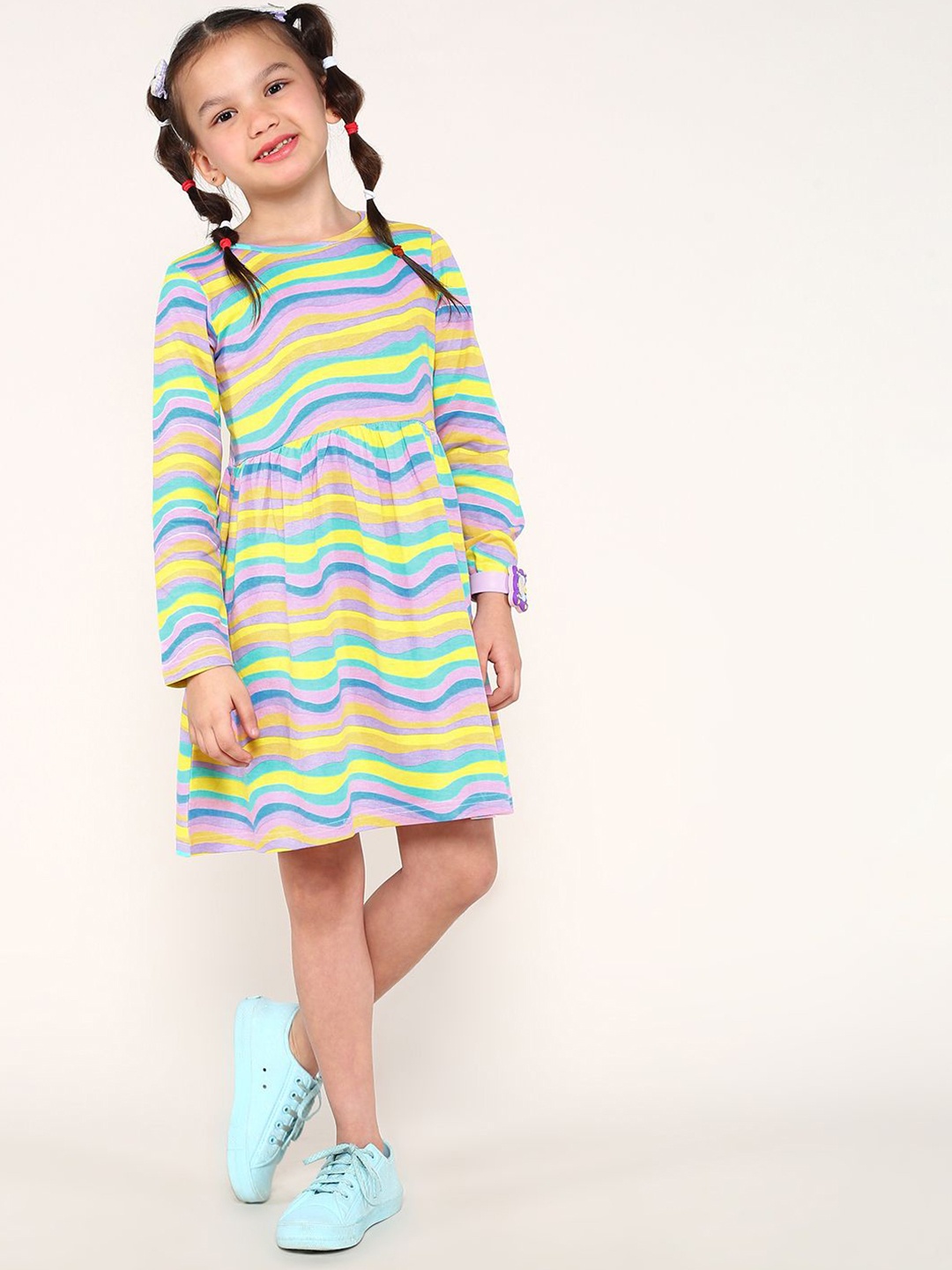 

BONKIDS Striped Gathered or Pleated Fit and Flare Dress, Pink