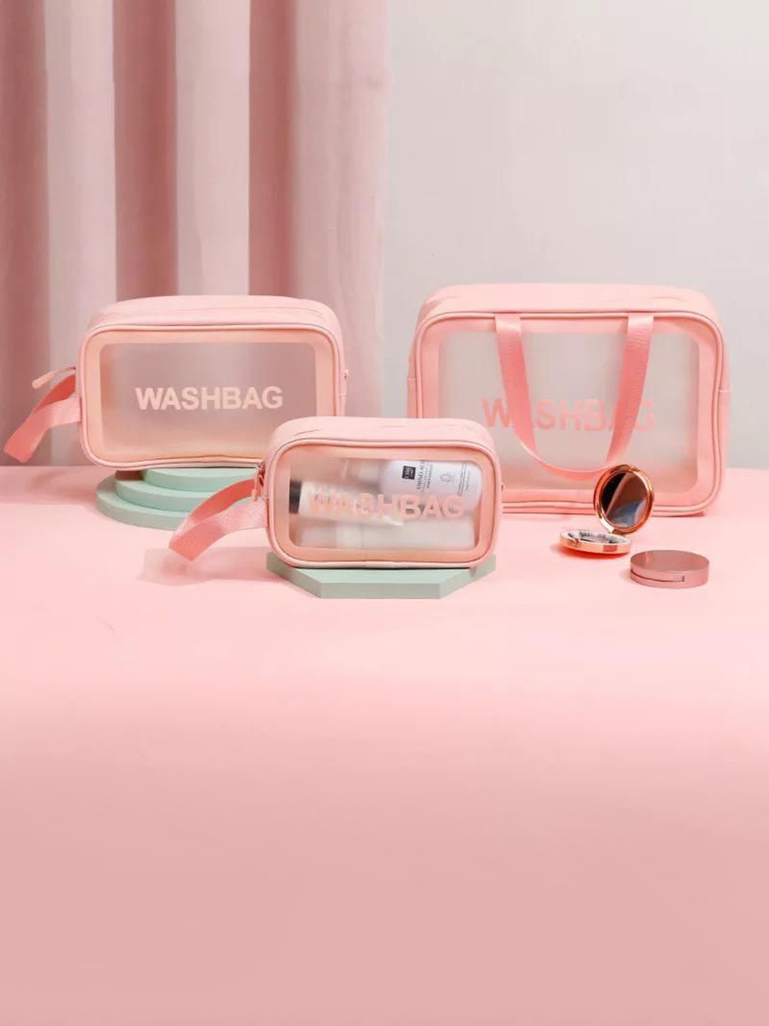 

RRK 3Pcs Clear Wwaterproof Washbag, Pink