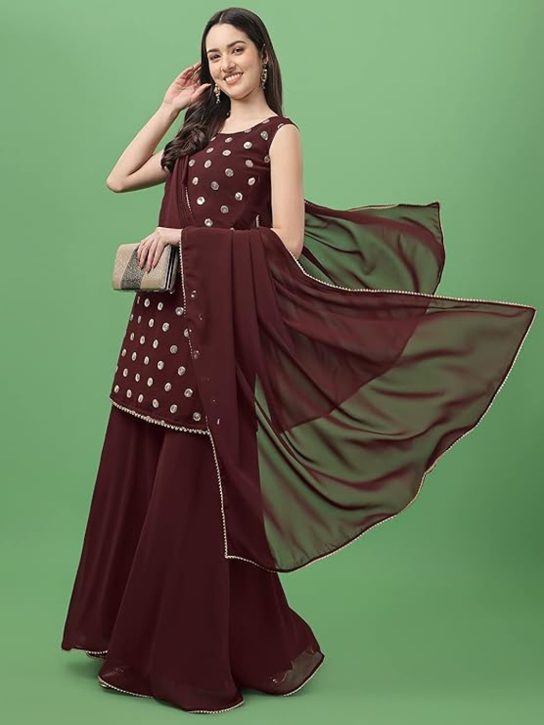 

PARROT CREATION Women Embroidered Regular Sequinned Kurti with Sharara & With Dupatta, Brown