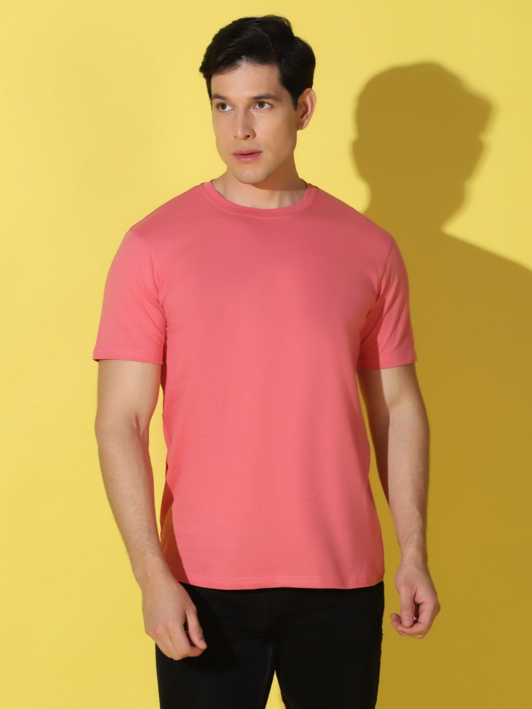 

WOOSTRO Men Solid Round Neck Cotton Slim Fit T-shirt, Peach