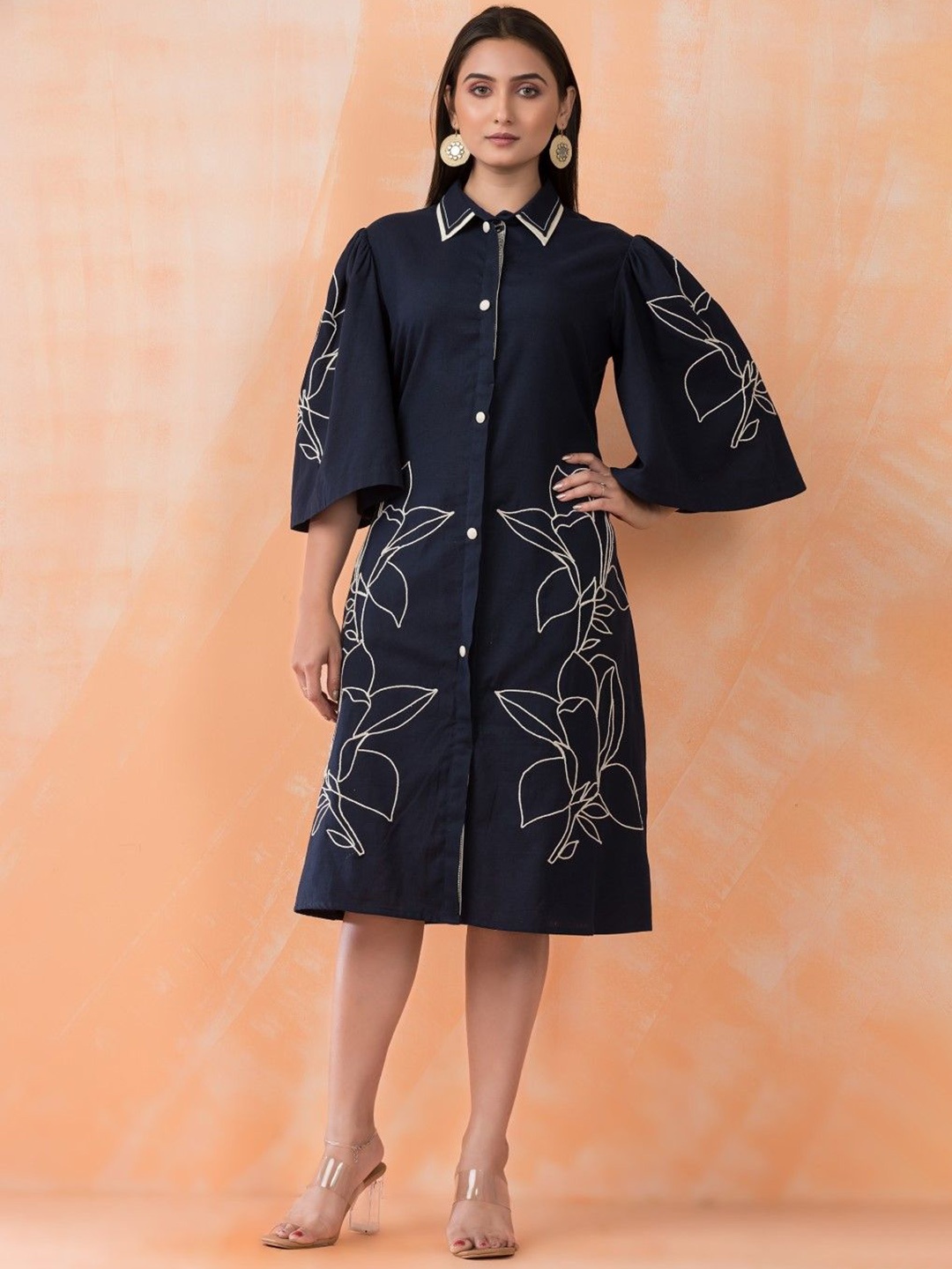 

AUTUMN LANE Floral Printed Shirt Cotton Midi Dress, Black