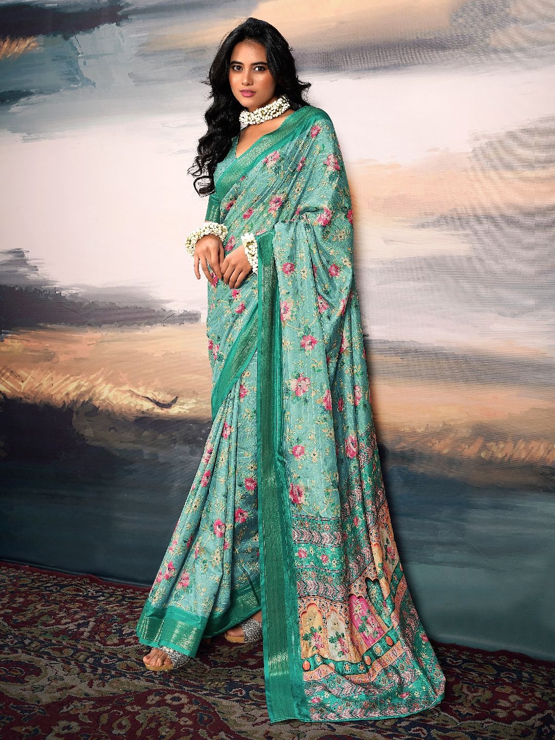 

LeeliPeeri Designer Women Floral Printed Zari Saree With Unstitched Blouse Piece, Green