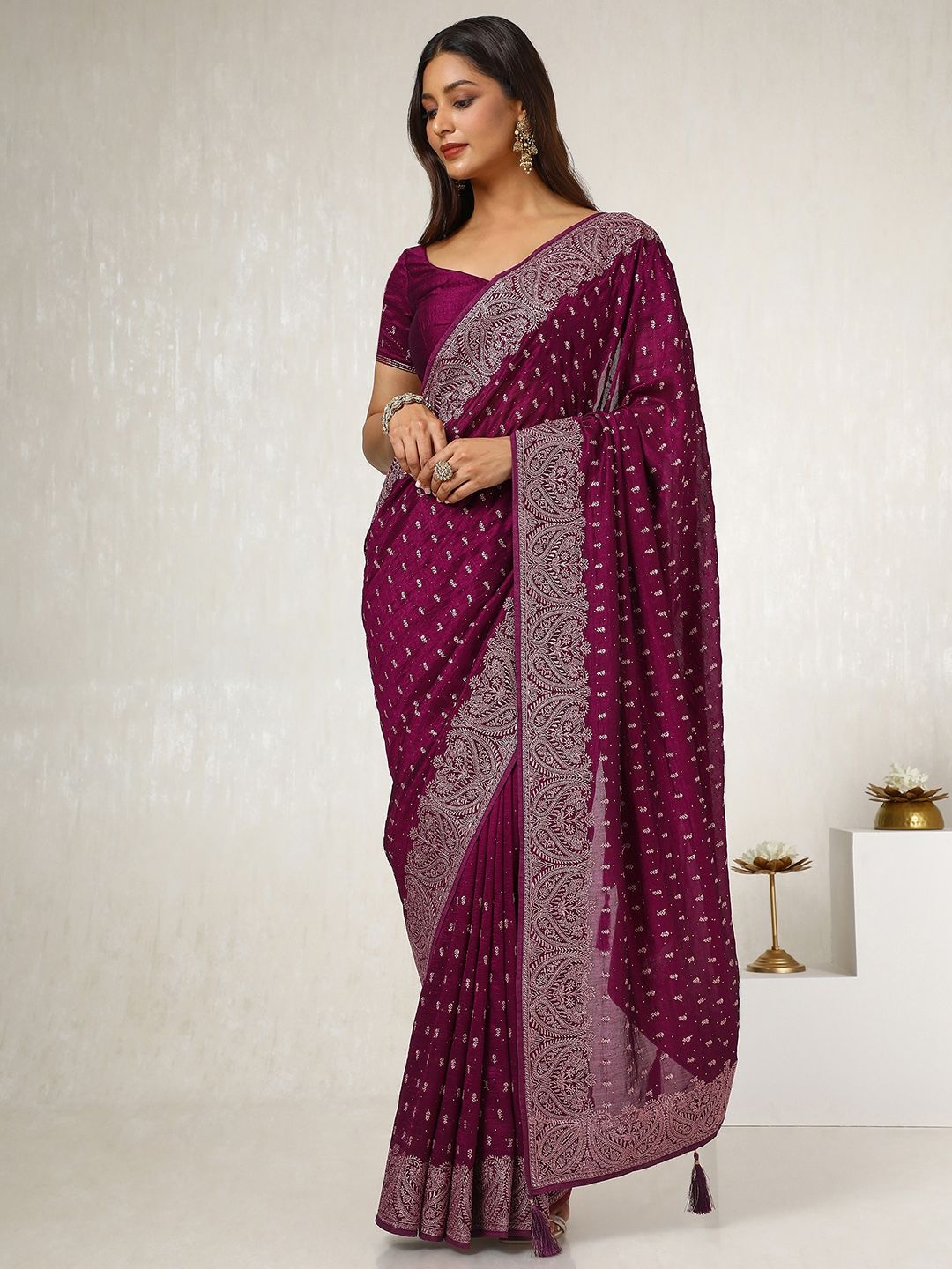 

Soch Floral Beads and Stones Silk Blend Tussar Saree, Purple