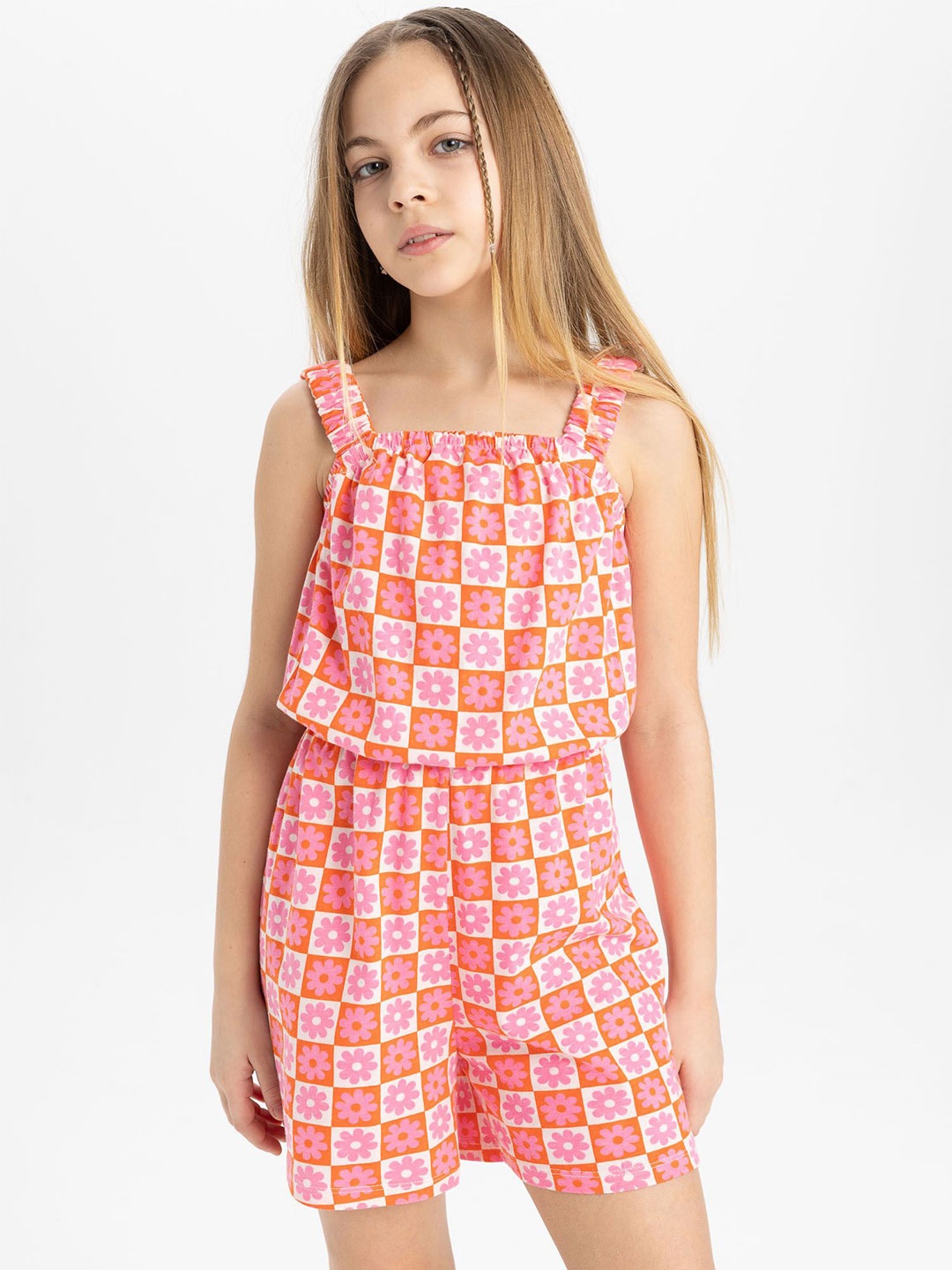 

DeFacto Girls Printed Cotton Playsuit, Pink