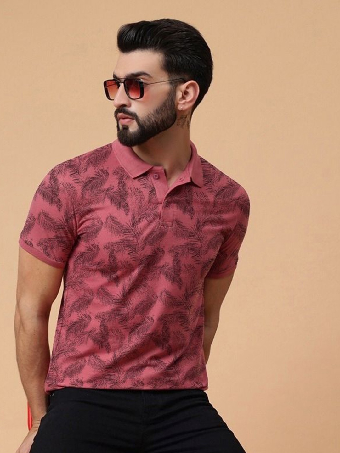

MERRIMENT Men Floral Printed Polo Collar Cotton T-shirt, Pink
