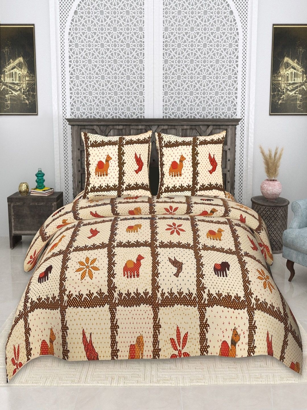 

tundwal's Beige & Brown Floral Printed Cotton 210 TC King Bedsheet Set 2.74 m x 2.74 m